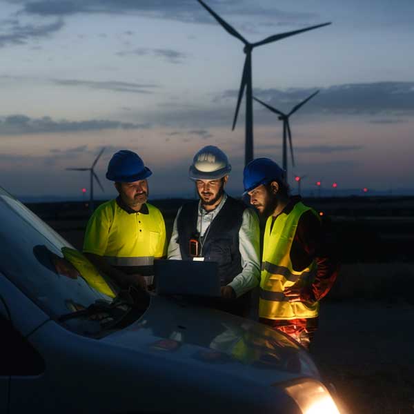 Three workers in hard hats gather around a computer at dusk near wind turbines, discussing electrical equipment.