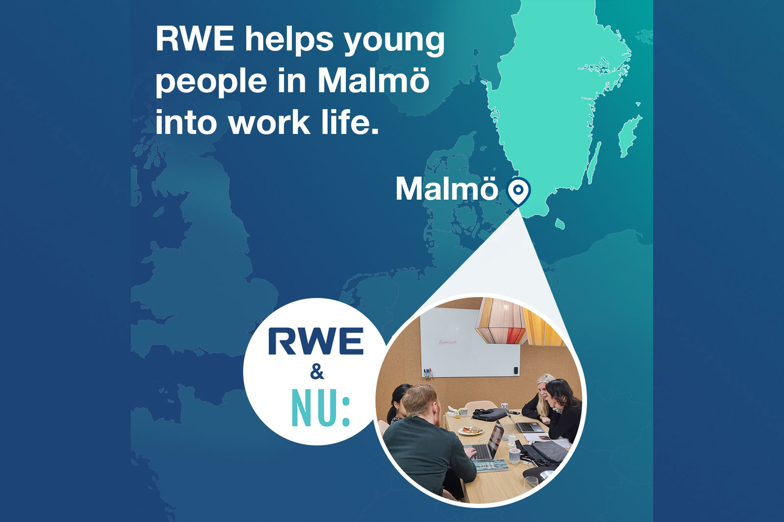 RWE hjälper unga människor i Malmö. Ett möte pågår med bärbara datorer i ett mysigt rum.