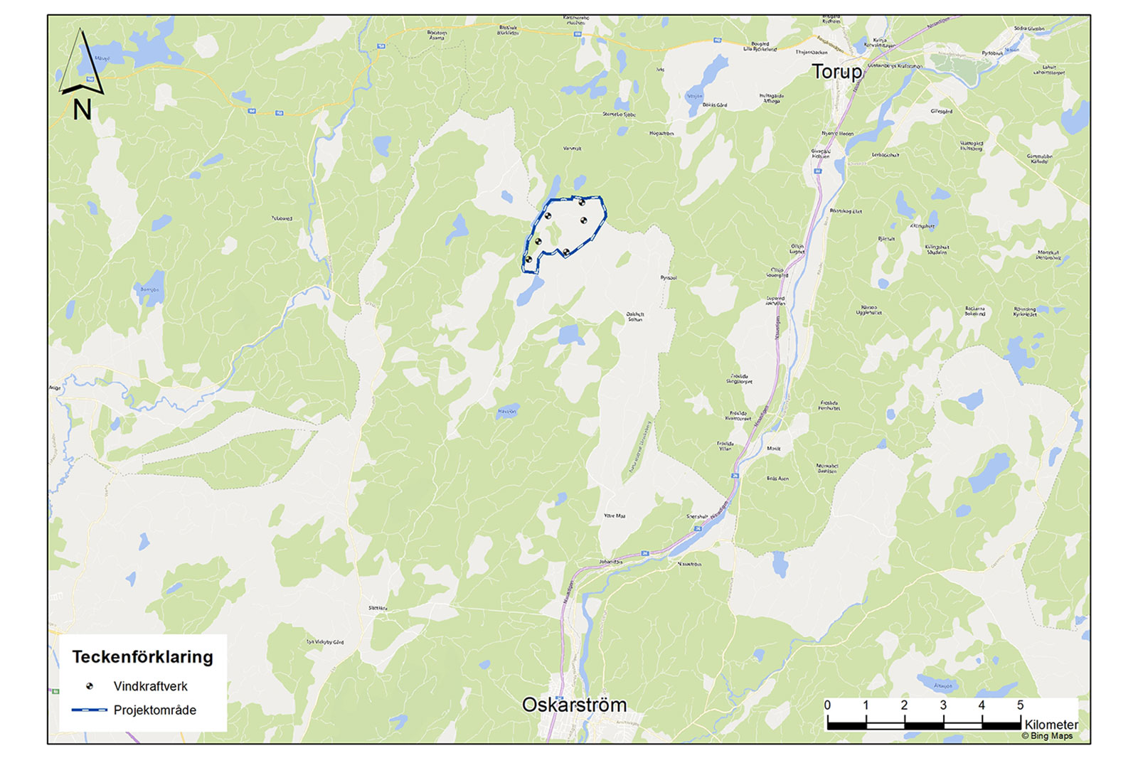 En karta som visar området kring Oskarström. Området för vindkraftverk är markerat med en blå linje.