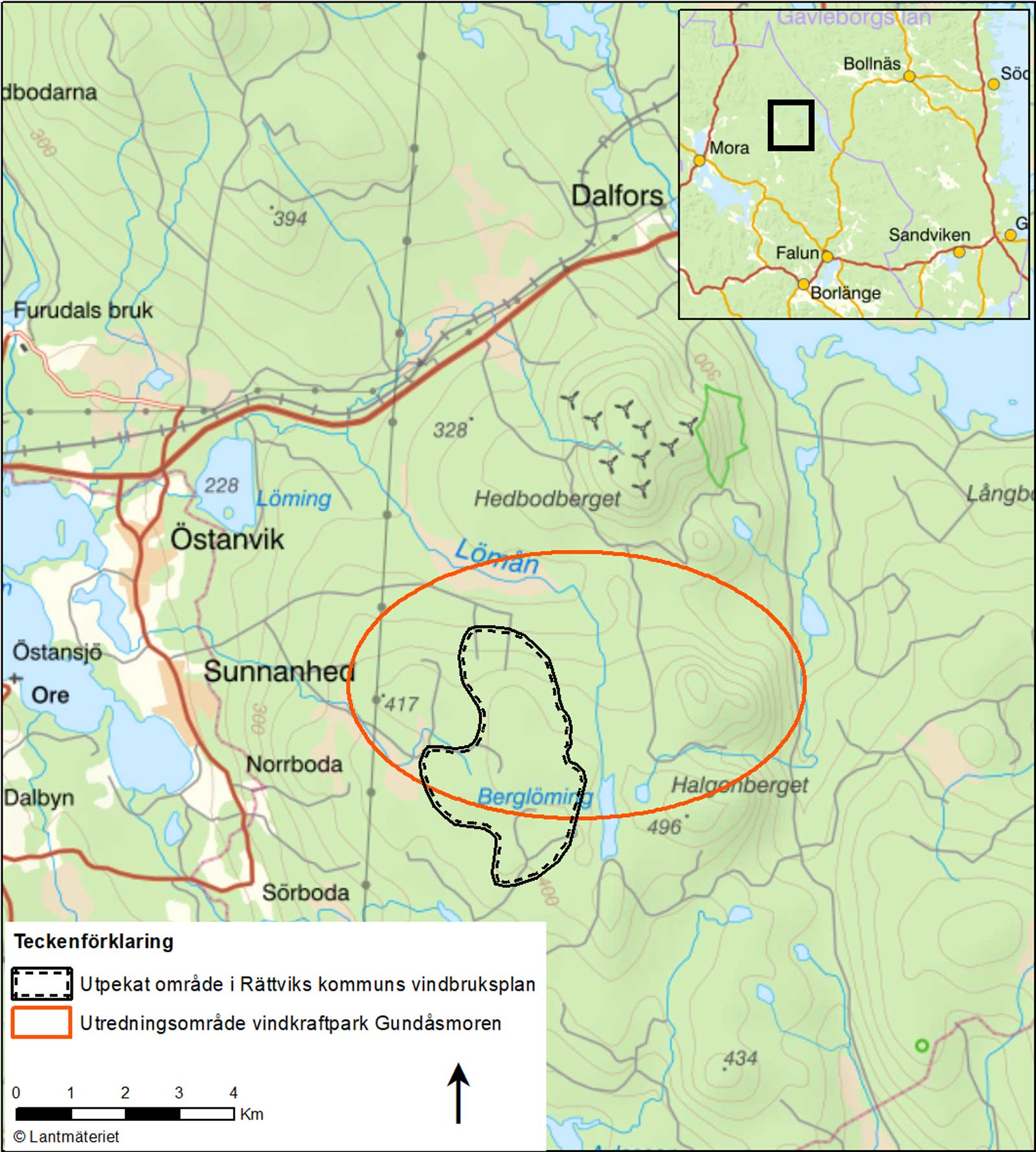 Karta över områden för vindkraft i Rättviks kommun, med utpekad och utredd vindkraftpark Gundåsmoren.