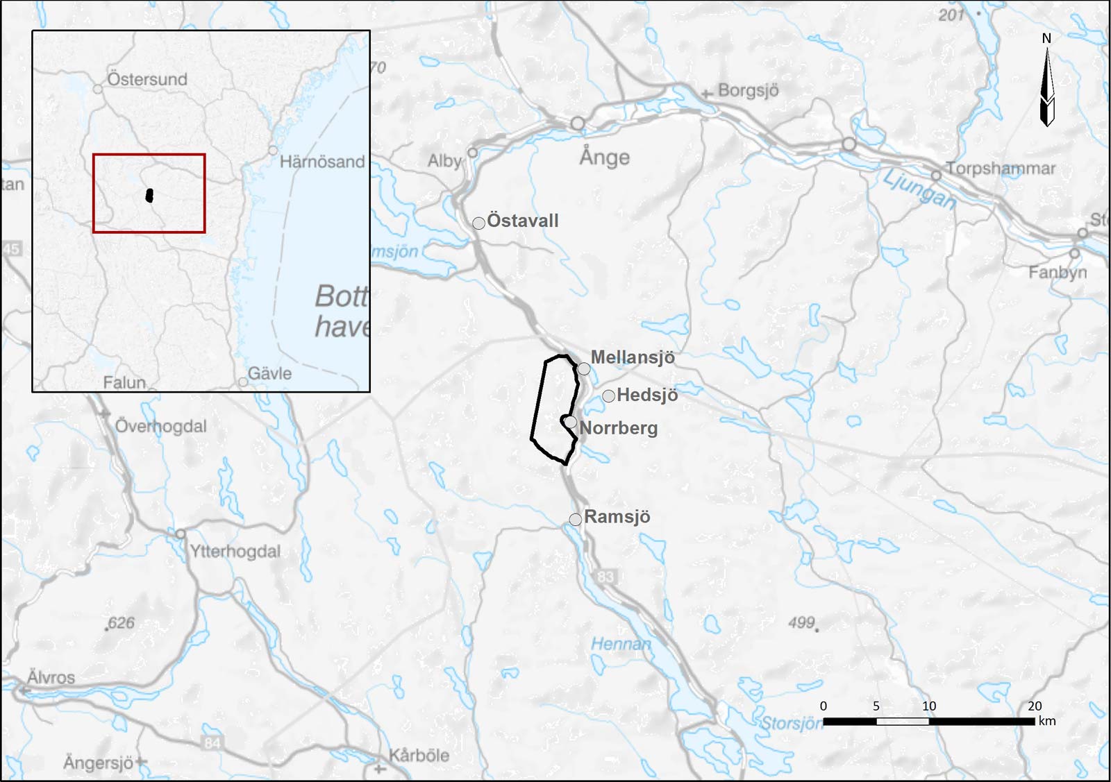 En karta som visar platser i Sverige, inklusive Mellansjö, Hedsjö, Norrberg och Ramsjö, med en insats som markerar området.
