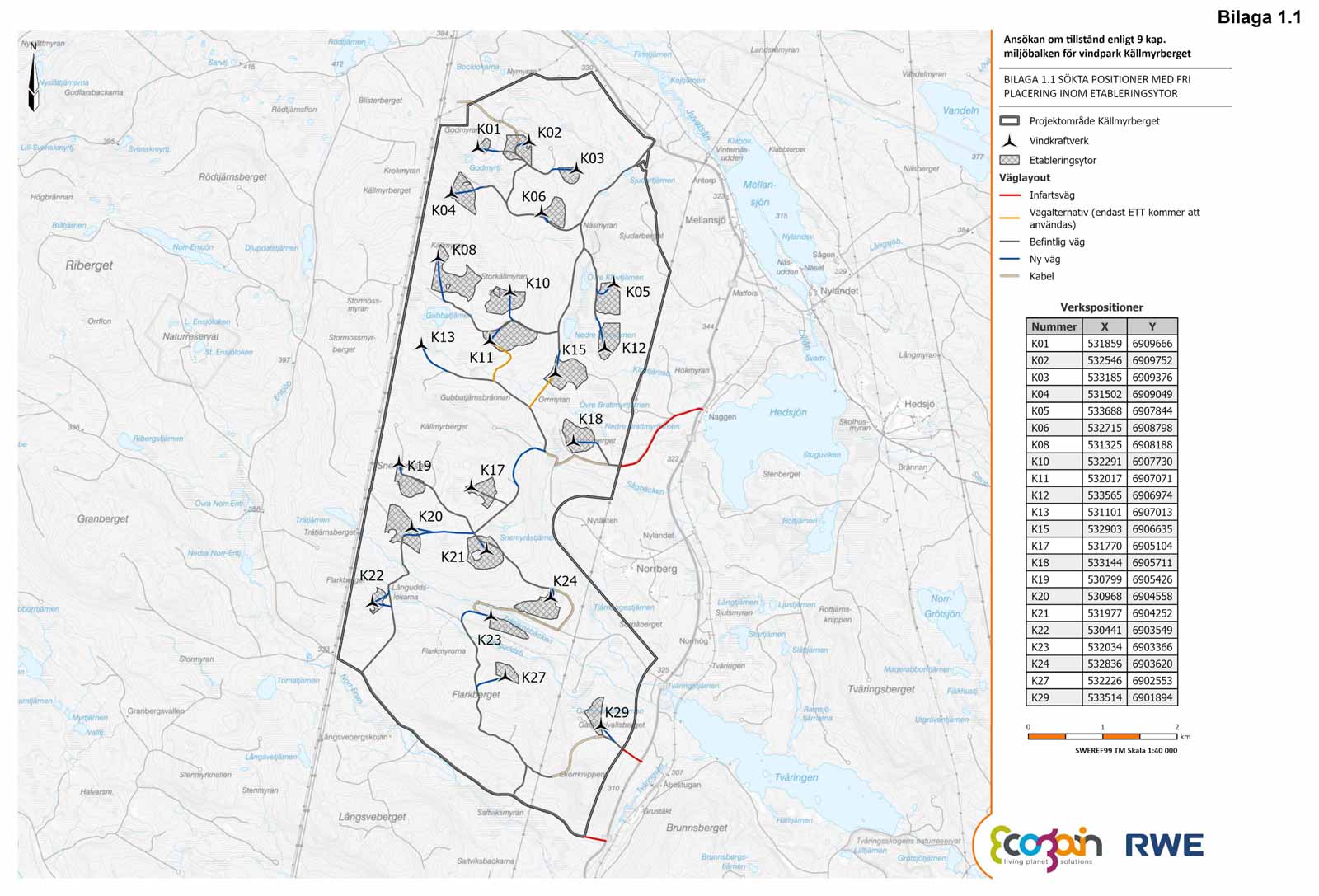 Karta som visar installationspositioner för vindkraftverk med koordinater och projektdetaljer i Källmyrberget-området.