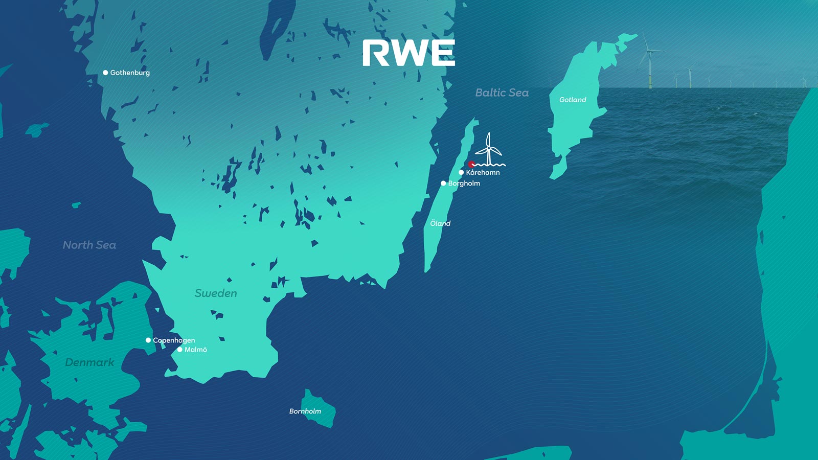 A map of the Baltic Sea featuring the RWE logo, highlighting Sweden, Denmark, and key cities like Gothenburg and Kårehamm.