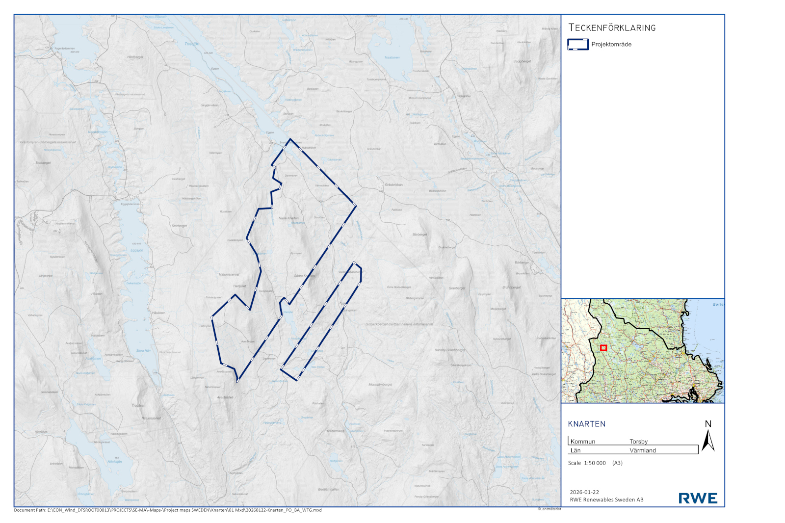 En topografisk karta över ett skogsområde i Torsby, Värmland, med blå markerade projektgränser, en liten översiktskarta och RWE-logotyp.