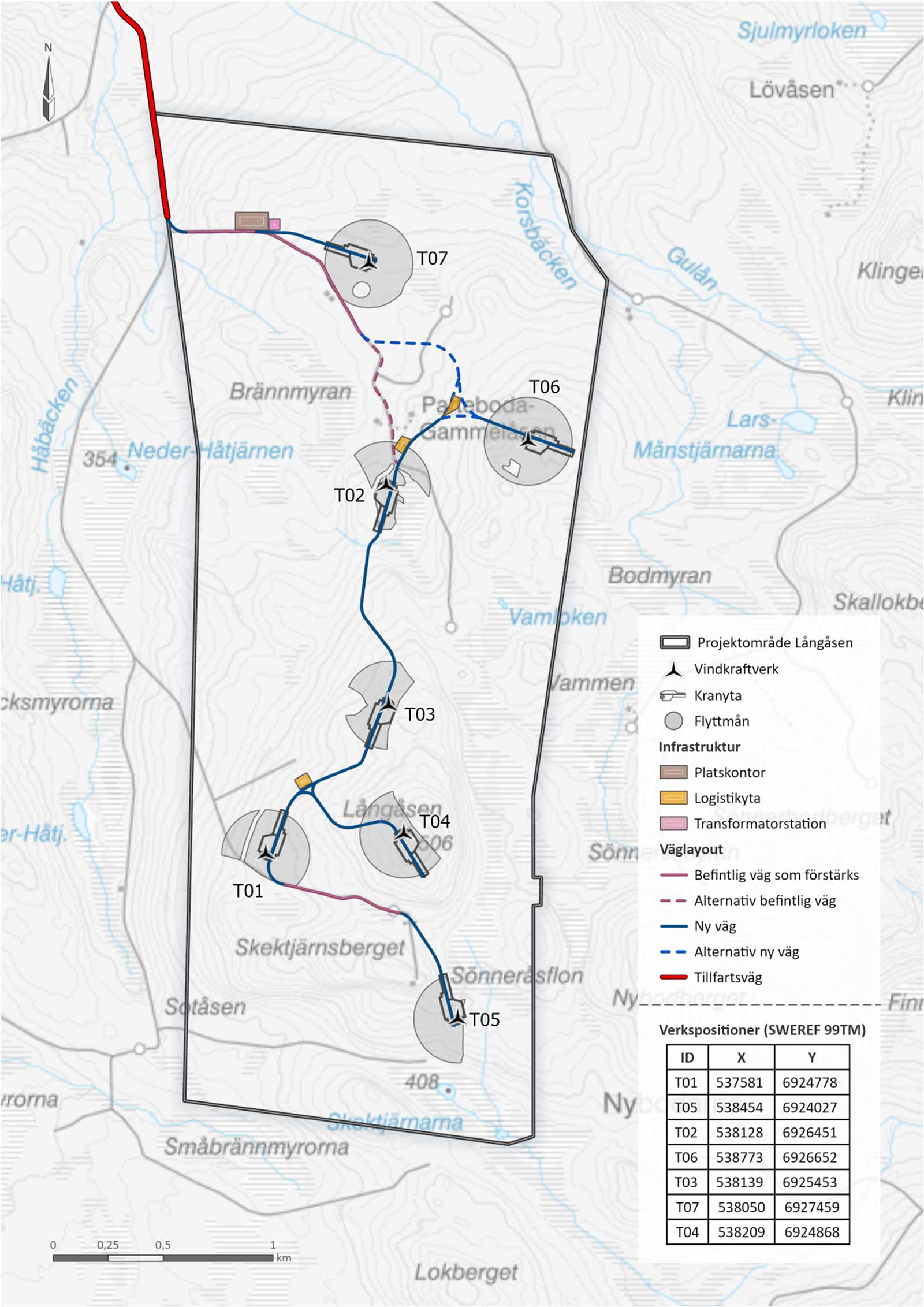Karta som visar projektområdet Långåsen med infrastruktur, vindkraftverk och vägar. Nyckelplatser och koordinater markerade.