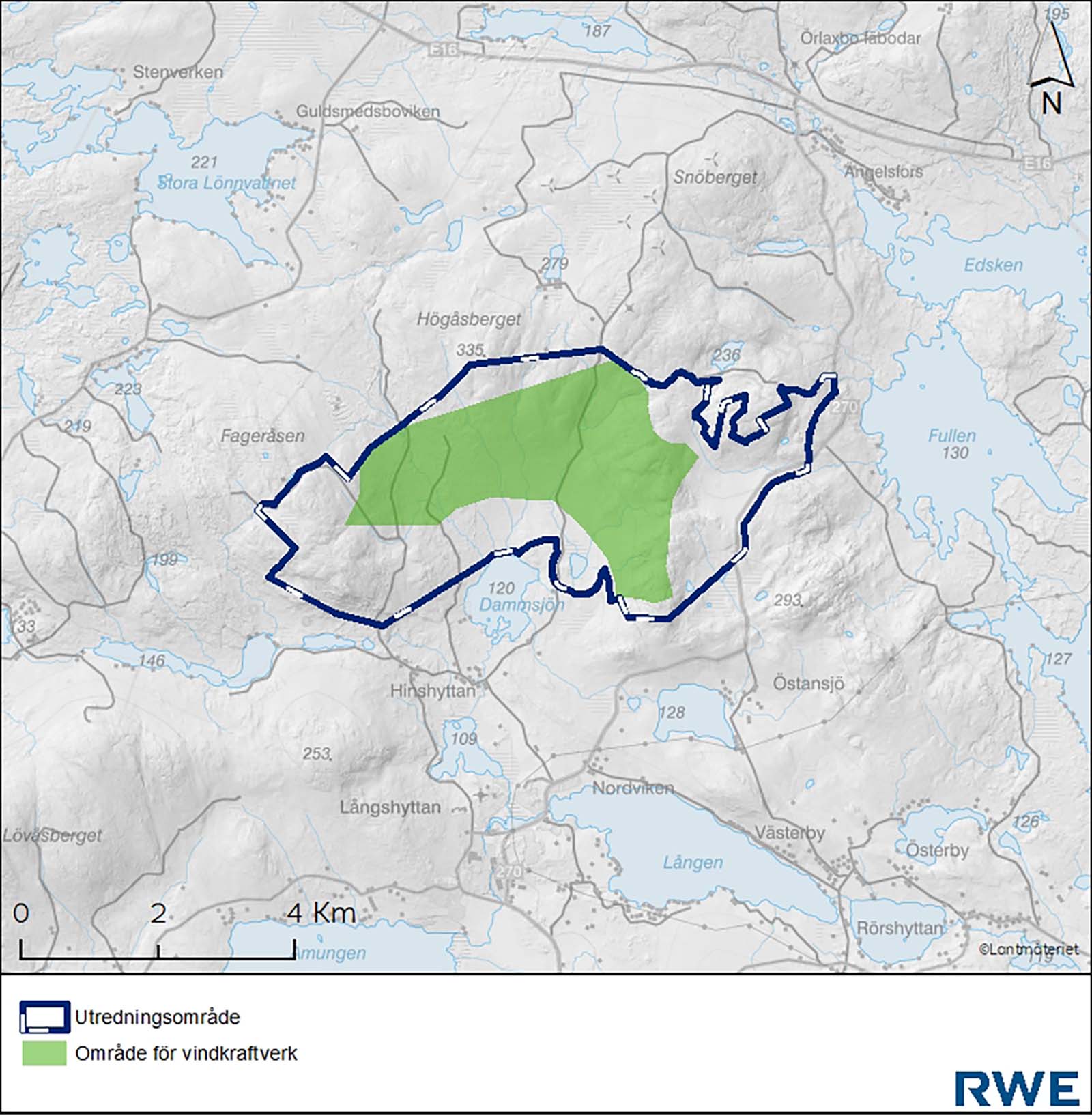 Karta som visar ett grönt område för vindkraftverk inom ett blått utredningsområde på en topografisk bakgrund med sjöar, platsnamn, skala 0–4 km, RWE-logotyp och en nordpil.