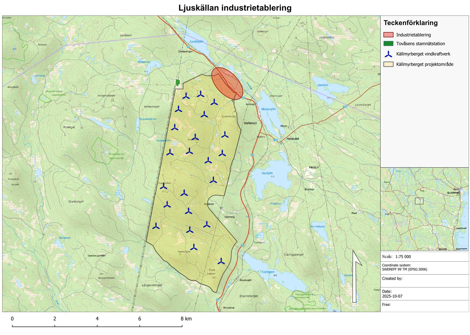 En topografisk karta som visar Ljuskällans industriområde med omkringliggande sjöar och vägar, med skala och legend.