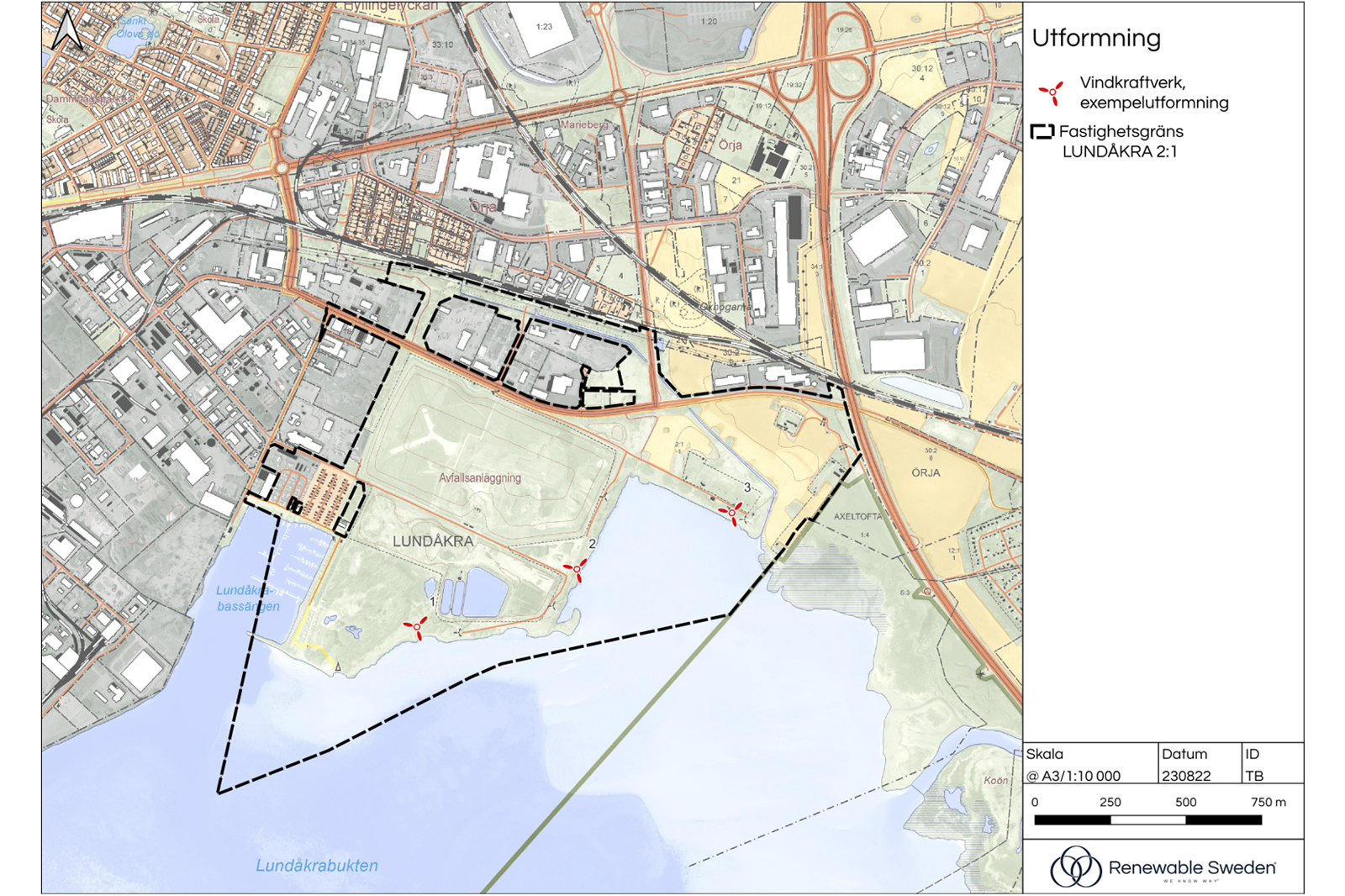Karta över Lundåkraområde, med markerade gränser, byggnader och vattenvägar.