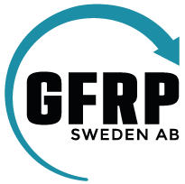 Logotyp för GFRP Sweden AB, med bokstäverna GFRP i svart och en turkos cirkel runt.