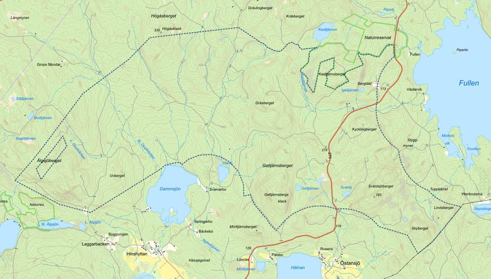 En detaljerad topografisk karta som visar olika terränger, sjöar och naturreservat i ett svenskt landskap.