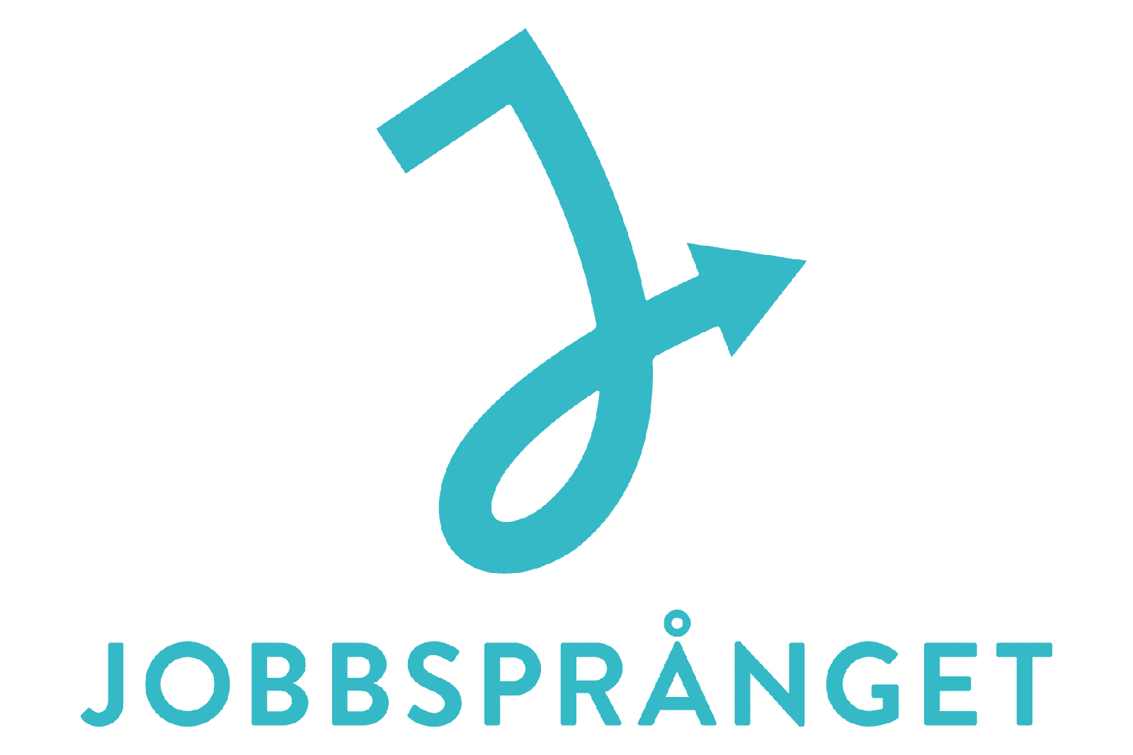 A turquoise logo featuring a stylised letter J with an arrow, accompanied by the text 'JOBBSPRÅNGET' below.